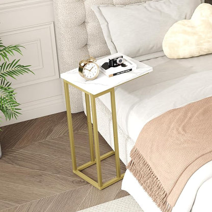 Function Home C Shaped End Table, Small Side Tables for Sofa Bed, Couch Tables that Slide Under, Drink Snack Table for Living Room Bedroom Small Space, White Wood Top and Gold Metal Frame