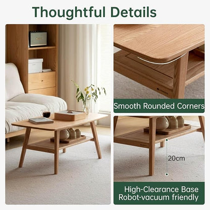 100% Solid Wood Coffee Table for Living Room, 39.37" Mid Century Modern Small Tables with Shelf Storage, 2-Tier Coffee Table with Rounded Corners (Oak Wood Log Color, 39.37" L)
