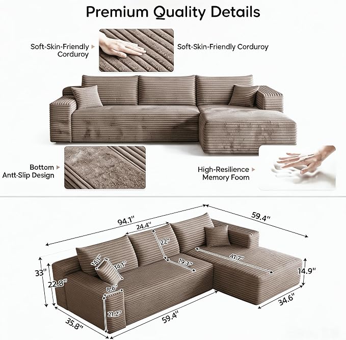 JINGLING 94" L Shape Couch with Right Chaise, Memory Foam Boneless Sectional Sofa in a Box, No Assembly Modular Small Couches for Small Spaces, Living Room, Apartments, Plush Corduroy, Camel