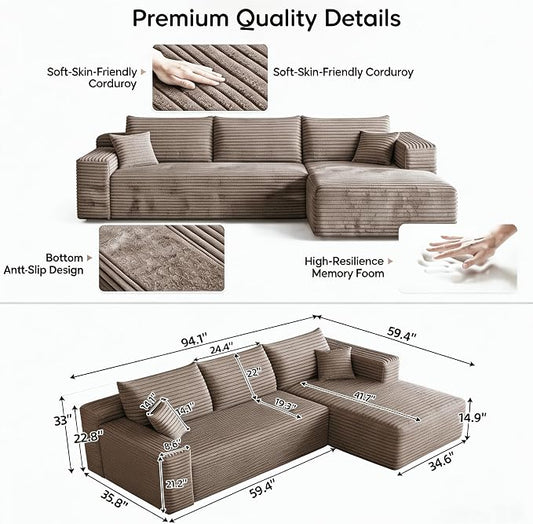 JINGLING 94" L Shape Couch with Right Chaise, Memory Foam Boneless Sectional Sofa in a Box, No Assembly Modular Small Couches for Small Spaces, Living Room, Apartments, Plush Corduroy, Camel