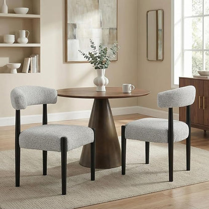 VKNOW Wooden Dining Chairs Set of 2 with Black Legs, Heathered Off-White | Soft Chenille Fabric, Curved Open Back, Thickened Cushion, For Adults and Family, Dining Room, Kitchen, No Wobble