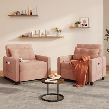 Ahomly Convertible Sleeper Chair Sofa Bed with 3-in-1 Design, Adjustable Backrest, and Storage Pocket for Living Room, Pink