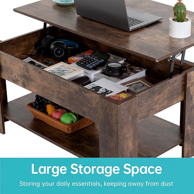 FDW Lift Top Coffee Table with Hidden Compartment and Storage Shelf Wooden Lift Tabletop for Home Living Room Reception Room Office,39.4",Brown