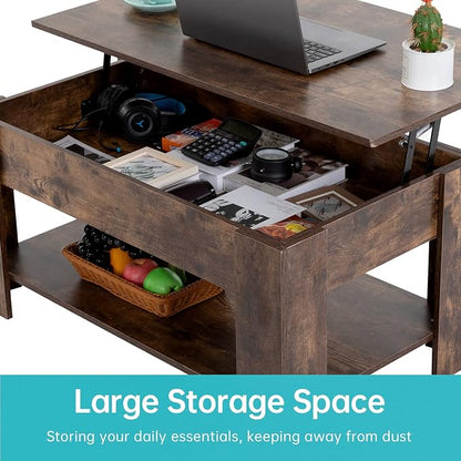 FDW Lift Top Coffee Table with Hidden Compartment and Storage Shelf Wooden Lift Tabletop for Home Living Room Reception Room Office,39.4",Brown