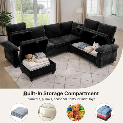 108" Modular Sectional Sofa Bed with Storage, L Shaped Pull Out Couch, Removable Chenille Sofa Cover for Living Room (Black, 7 Seat)