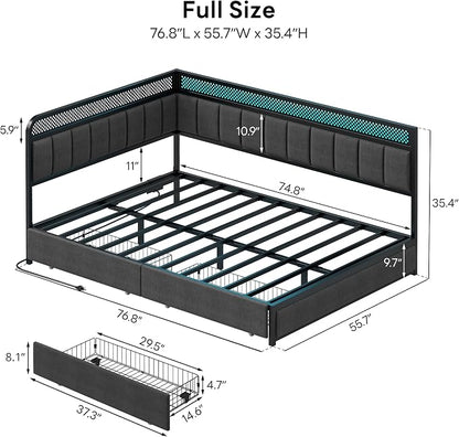 LIKIMIO Full Corner Bed Frame, Modern Daybed with Upholstered Guardrail | Under-Bed Storage Drawers, Built-in Charging Station, Adjustable Smart LED Lights, Gray