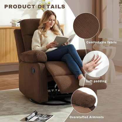 Rocking Recliner Chair,Modern Swivel Glider Recliner Chair,Corduroy Fabric Upholstery Recliner,Manual Reclining Sofa Chair for Living Room,Office,Apartment (Brown)