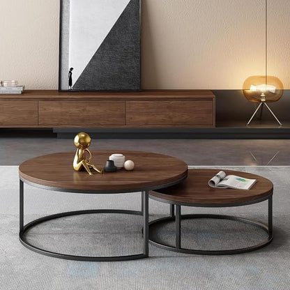 Round Nesting Coffee Table Set of 2, Modern Minimalist Accent Tables for Living Room, Bedroom, Office, Stackable Side Tables (Walnut)