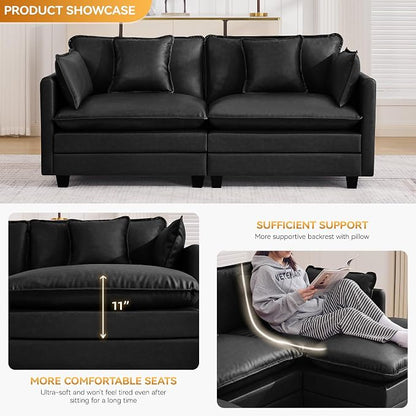 76'' Cloud Deep Seat Loveseat, Upholstered Leather Modular 2-Seats Sectional Sofa Couch, Modern Comfy Settee Loveseat for Living Room Set, Small Apartment, Leather Black