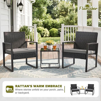 Flamaker 3 Pieces Patio Set Outdoor Wicker Furniture Modern Bistro Rattan Chair Conversation Sets with Coffee Table for Yard (Grey)