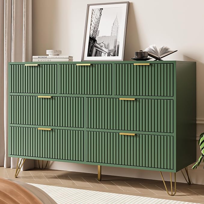 MAISONARIA Green Dresser for Bedroom, 7 Drawer Dresser with Gold Pulls, Wide Chest of Drawers for Bedroom, Entryway, 47.2" L x 15.7" D x 31.4" H