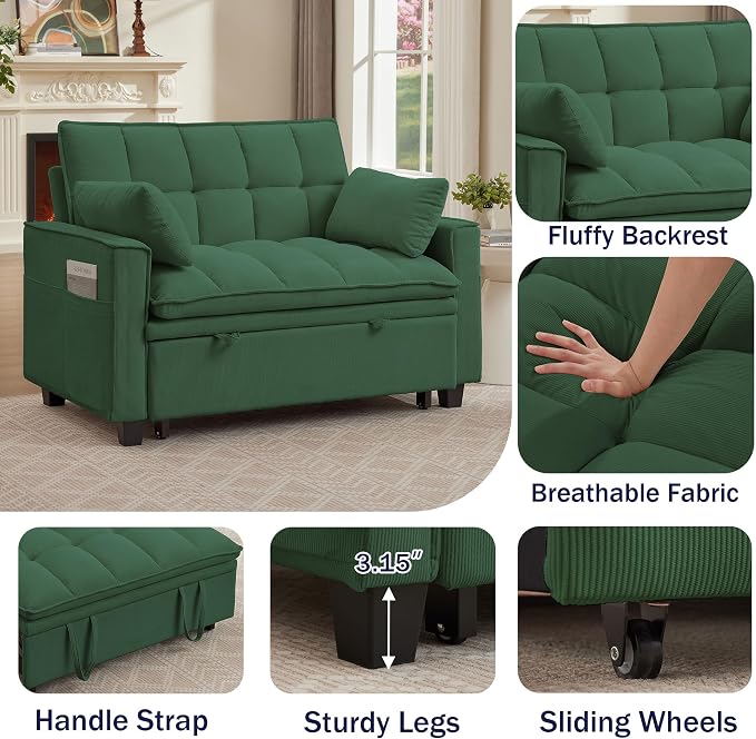 3 in 1 Convertible Sleeper Sofa Bed, 48" Pull Out Couches, Modern Loveseat Sleeper Sofa with Adjustable Reclining Backrest & Side Pockets for Living Room, Green