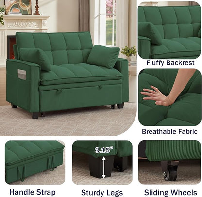3 in 1 Convertible Sleeper Sofa Bed, 48" Pull Out Couches, Modern Loveseat Sleeper Sofa with Adjustable Reclining Backrest & Side Pockets for Living Room, Green