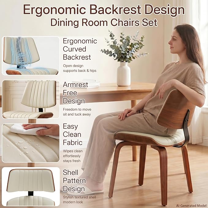 Armless Dining Chairs Set of 4, Walnut Beige | Set of 4 armless chairs with ergonomic walnut back and warm beige faux leather. Ideal for dining rooms or kitchens