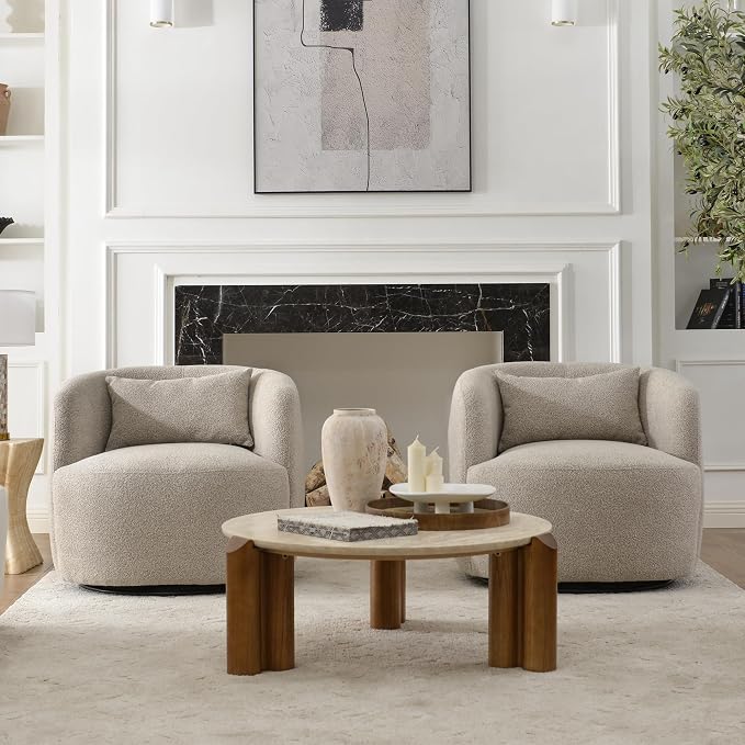 KINWELL 34" Wide Boucle Swivel Barrel Chairs Set of 2, No Assembly Round Upholstered Armchairs Accent Chairs Single Sofa Chair with Toss Pillow for Living Room and Bedroom, Taupe
