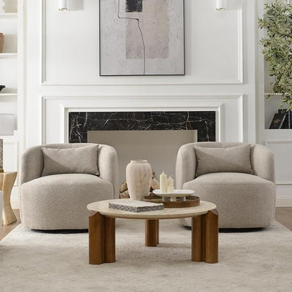 KINWELL 34" Wide Boucle Swivel Barrel Chairs Set of 2, No Assembly Round Upholstered Armchairs Accent Chairs Single Sofa Chair with Toss Pillow for Living Room and Bedroom, Taupe