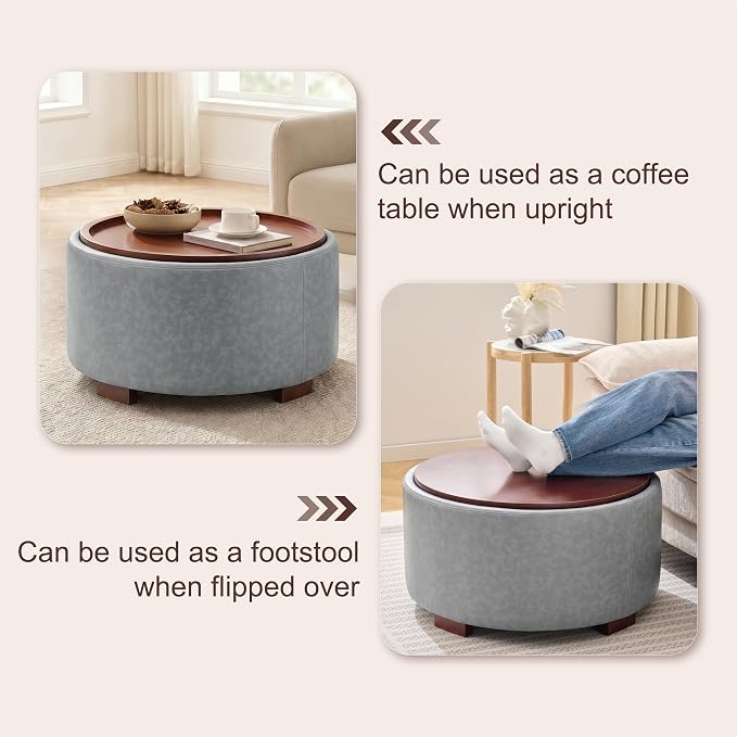 29.1 Inch Round Ottoman Coffee Table, Ottoman with Storage, Leather Grey | Storage Ottoman with Removable Lid Top, Solid Wood Legs, Round Ottoman for Living Room, Bedroom, Apartments