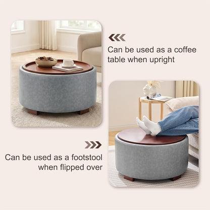 29.1 Inch Round Ottoman Coffee Table, Ottoman with Storage, Leather Grey | Storage Ottoman with Removable Lid Top, Solid Wood Legs, Round Ottoman for Living Room, Bedroom, Apartments