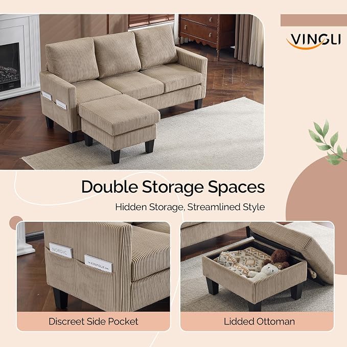 VINGLI 68.5' L Shaped Couch with Movable Storage Ottoman, Convertible Sectional Sofa in Soft Corduroy Fabric, Modern Reversible Chaise Couch for Small Spaces, Apartment, Living Room，Khaki