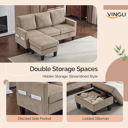 VINGLI 68.5' L Shaped Couch with Movable Storage Ottoman, Convertible Sectional Sofa in Soft Corduroy Fabric, Modern Reversible Chaise Couch for Small Spaces, Apartment, Living Room，Khaki