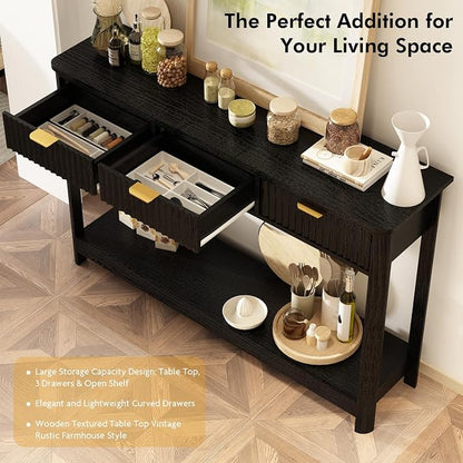 RUSTOWN Fluted Wood Console Table with 3 Drawers, Boho Narrow Behind Couch Entryway Table with Open Storage Shelf, Modern Sofa Table for Living Room, Foyer and Hallway (Black)