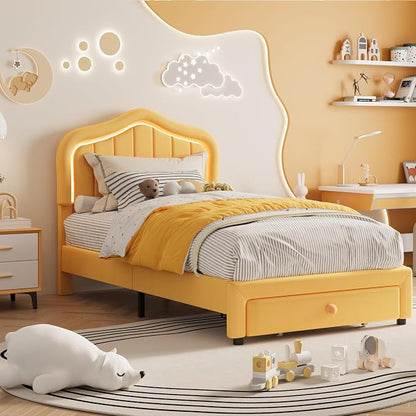 GarveeHome Twin Upholstered Bed Frame with Storage Drawer and Smart Led Headboard, Twin Size Platform Bed Frames for Kids, Wooden Slats Support, No Box Spring Needed, Easy Assembly, Yellow