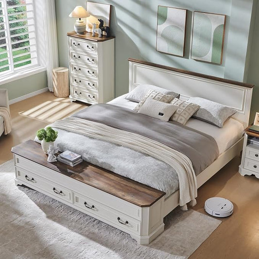 T4TREAM Farmhouse King Bed with Headboard and Storage Bench, Rustic Wood Platform Bed with 80" Storage Chest w/ 4 Large Drawer (Antique White)