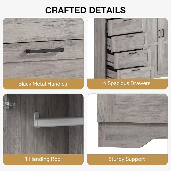 IDEALHOUSE 43.3'' H Armoire Wardrobe Closet with 4 Drawers and 2 Doors, Hanging Rod, Multifunctional Wooden Dresser with Storage Closet, Bathroom Cabinet for Bedroom, Gray
