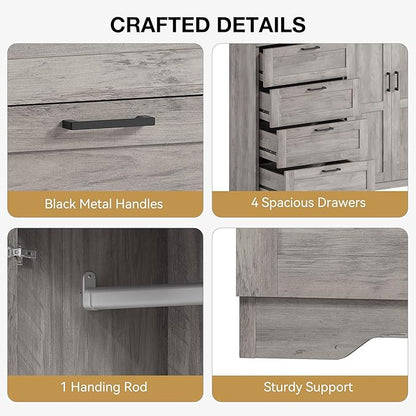 GarveeHome Multifunctional Wooden Dresser for Bedroom, 43.3 in H 2 Door Wardrobe Armoire Closet with 4 Drawers and Hanging Rod, Low Storage Cabinet for Hanging Cloth, Gray