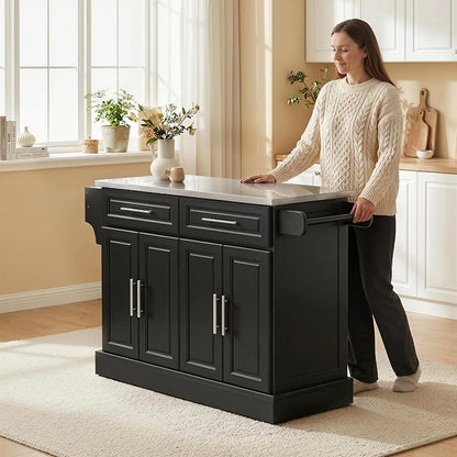 HOMCOM Rolling Kitchen Island Cart with 47" Stainless Steel Top, Portable Island Table for Kitchen with Wheels, Adjustable Shelves, 2 Drawers, Spice, Knife and Towel Rack, Black