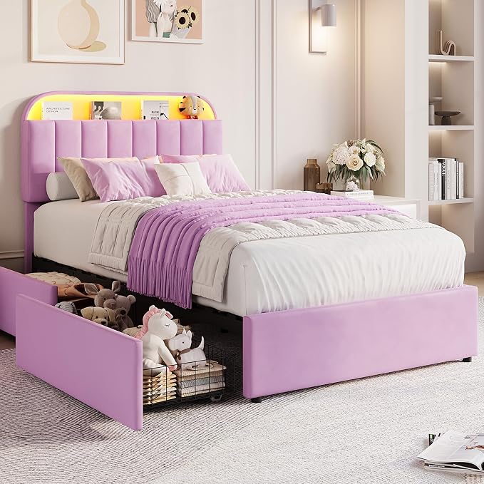 GarveeHome Twin Bed Frame with Storage Headboard, Kids Bed Frame with 2 Drawers, Velvet Upholstered Platform Bed Frame with Lights, No Box Spring Needed, Easy Assembly, Velvet Purple