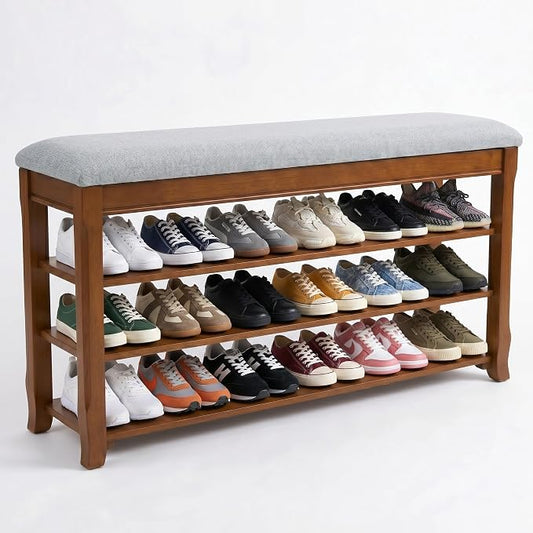 SolidWood Entryway Shoe Storage Bench, Flip-Top Soft-Close Lid, Adjustable Shelves, Cushioned Entryway Shoe Rack Organizer,Hallway, Closet, Foyer 39.4''