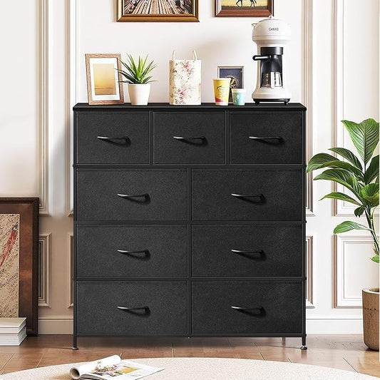 9-Drawer Dresser for Bedroom, Anti-Tip Tall Storage Organizer Chest of Drawers with Wooden Top and Metal Frame Fabric Bins for Closet, Living Room, Hallway, Entryway, Black