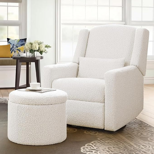 Power Recliner Chair Swivel Glider, Large Nursery Glider with Ottoman & USB Charging Port, Boucle Upholstered Rocker Recliner for Nursery,Living Room,Cream