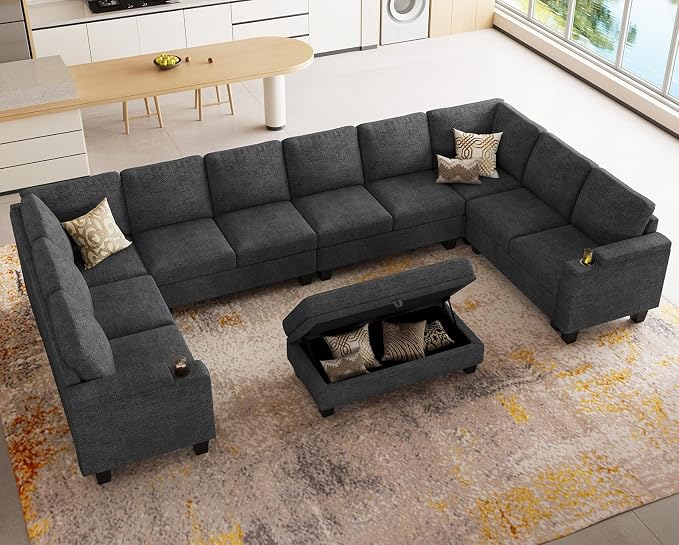 Belffin Oversized U Shaped Modular Sectional Couches for Living Room 10 Seater Modular Sofa Set with Storage Ottoman Large Sectional Couch with Cup Holder. Dark Grey Sofa