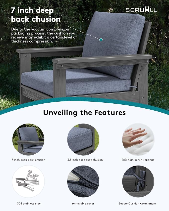 SERWALL HDPE Patio Furniture Set with 15FT Patio Umbrella, 7-piece Outdoor Sectional Sofa Set, All Weather Patio Couch Set for Deck, Gray &Gray (Umbreall Base not Included)