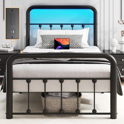 Fluest 14 Inch Twin Bed Frame Classic Metal Platform Bed Frame with Charging Station & LED, Victorian Style Iron-Art Headboard/Footboard, Under Bed Storage, No Box Spring Needed, Noise Free