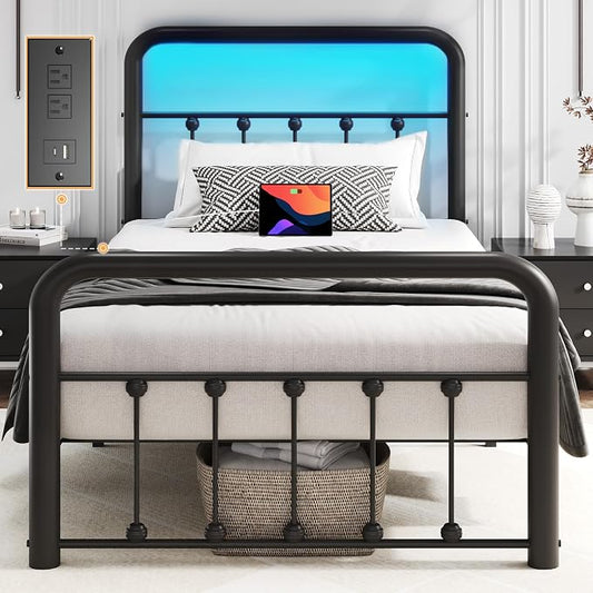 Fluest 14 Inch Twin Bed Frame Classic Metal Platform Bed Frame with Charging Station & LED, Victorian Style Iron-Art Headboard/Footboard, Under Bed Storage, No Box Spring Needed, Noise Free