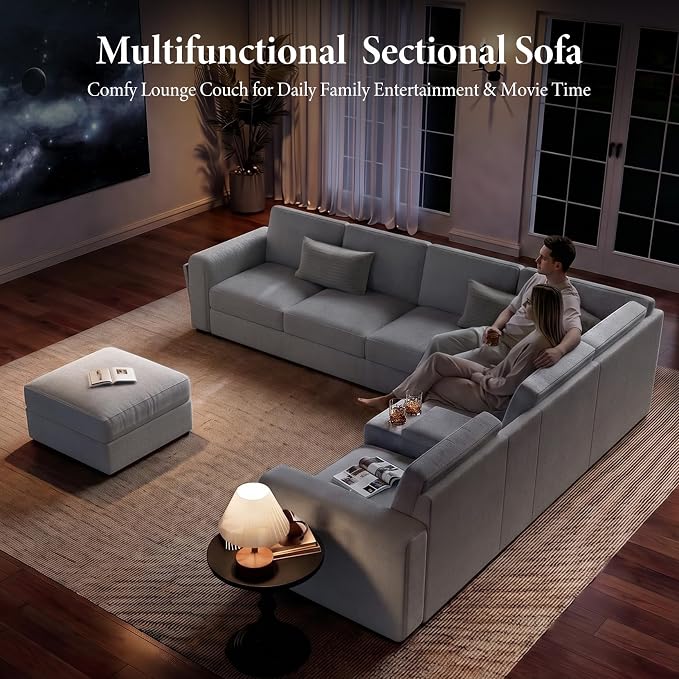 Vesgantti Oversized Modular Sectional Sofa, 8-Seater Chenille L Shaped Modular Couch with Ottoman, 2 Cup Holders, USB Port, Storage Box, Sectional Couches for Living Room, Meeting Room, Light Grey