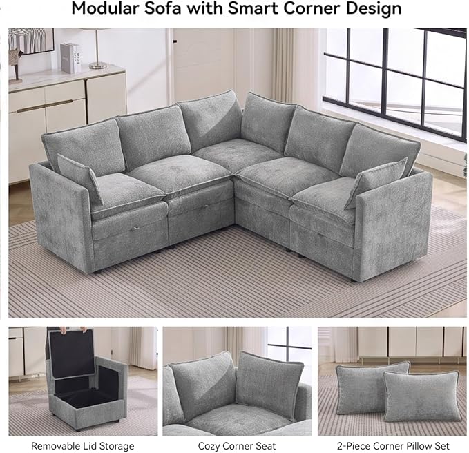 80" Light Grey Modular Storage Sofa, V Shaped Chenille Cloud Couch | Oversized Convertible Sectional Sofa, 5-Seat Sectional Couch With Armrests, Large Cloud Couch For Living Room, Apartment.