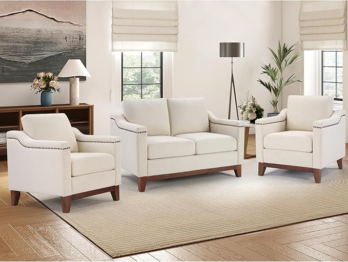 HAOMARKETS 3 Piece Fabric Sofa Set with Nailhead Trim, Included Fabric Accent Chair Set of 2 with Thicked Cushion, Upholstered Loveseat with Solid Wood Legs, Living Room Furniture Set,Beige