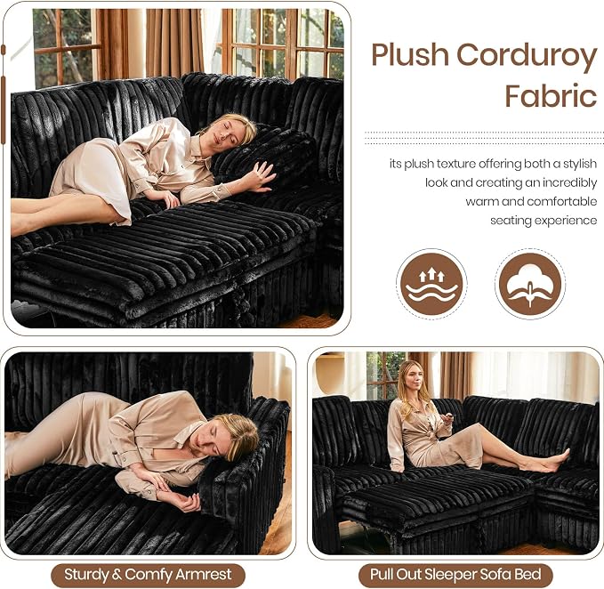 Belffin Corduroy Sleeper Sofa Bed with Storage Chaise Modular Sectional Sofa Couch with Pull Out Bed L Shaped Sectional Couches for Living Room Black Couch