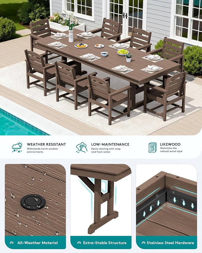 SERWALL 10 Piece 84" HDPE Outdoor Dining Set for 8 with 15ft Double-Sided Umbrella, Brown