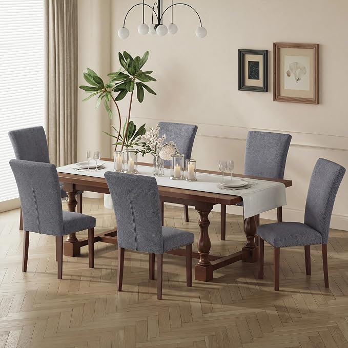 COLAMY Upholstered Parsons Dining Chairs Set of 4, Fabric Dining Room Kitchen Side Chair with Nailhead Trim and Wood Legs - Dark Grey