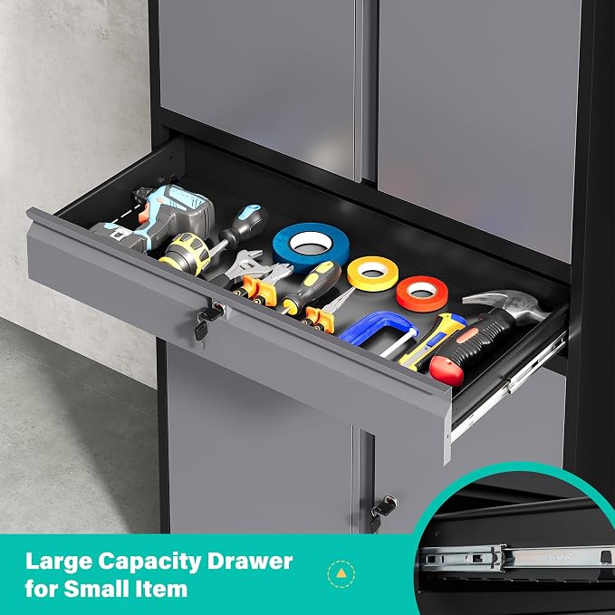 Metal Garage Storage Cabinet with Wheels and Drawer,Gray Rolling Garage Cabinet with Locking Doors and Adjustable Shelves,73" Tall Mobile Metal Storage Cabinets on Wheels for Home,Office,Garages,Tool