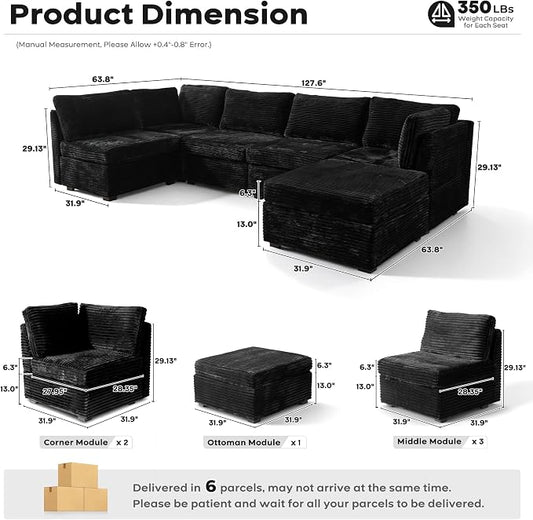 ovios Modular Sectional Sofa Couch with Sofa Bed L-Shape Chaise, Comfy Plush Corduroy Cloud Couches, Modern Luxury Deep Seat Sofas Set for Living Room, 6-Seater, Black