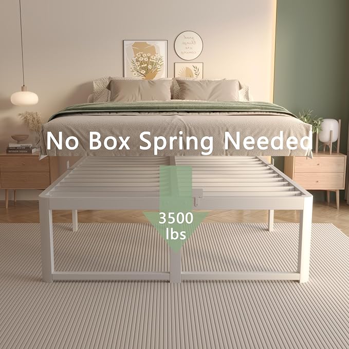 VYM 16 Inch Bed Frame Queen Size, Heavy Duty Platform Bed Frame Support 3500 LBS, No Box Spring Needed, DIY Headboard, Anti-Slip Mattress Stopper, Round Corner Leg, Easy Assembly, White