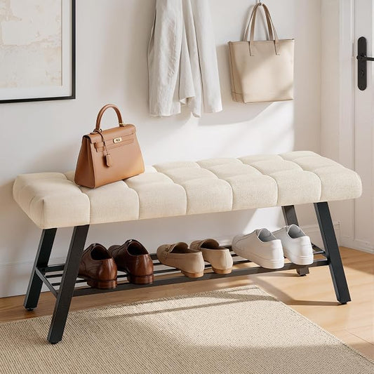 LUE BONA 45" Entryway Bench with Storage Shelf, End of Bed Bench with Tufted Linen Fabric Seat, Bedroom Bench with Metal Frame, 330 LBS Capacity for Entryway, Living Room, Hallway, Linen Color