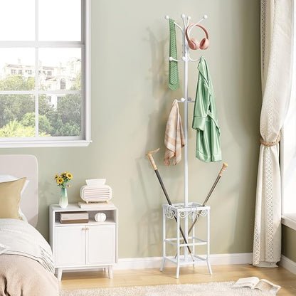 Hoctieon Coat Rack Freestanding, Coat Tree with Umbrella Holder, Metal Coat Rack Stand with 12 Hooks, Standing Coat Hanger Stand, Umbrella Stand for Entryway, Hat Rack Stand for Home Office, White