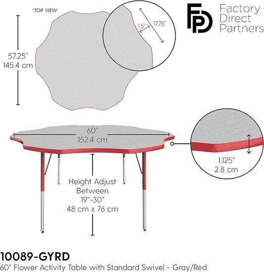 FDP Flower Activity School and Office Table (60 inch), Standard Legs with Swivel Glides for Collaborative Seating Environments, Adjustable Height 19-30 inches - Gray Top and Red Edge